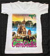 เสื้อยืดคอวีพร้อมสกรีนลายแหล่งท่องเที่ยว ลายประเทศกัมพูชา